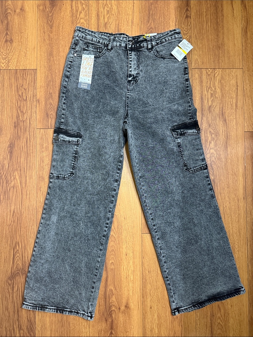 Wide Leg Cargo Jeans Pants in Washed Black